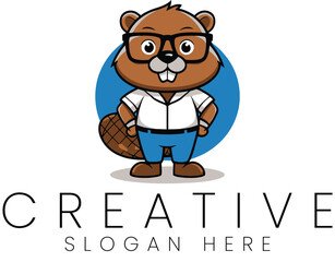 Adorable Cartoon Beaver Business Logo Design Illustration Cute Tail Icon Work Blue Flat   