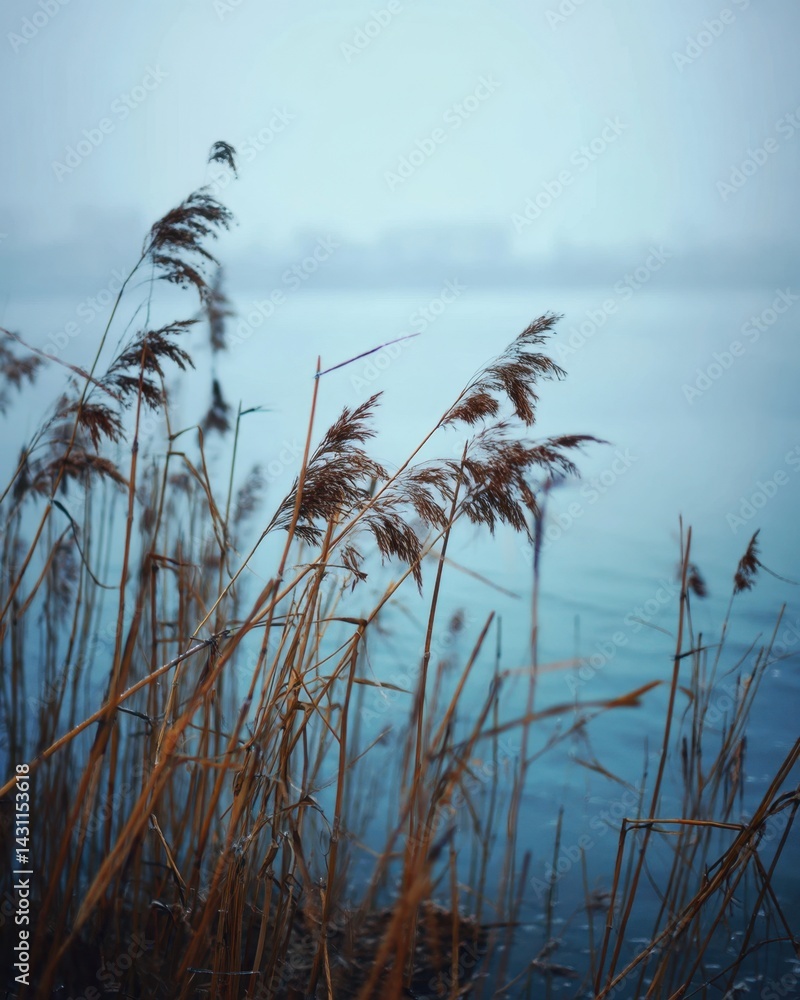 Aufkleber serene waterscape featuring tall reeds in the foreground and a misty lake background creating a tran
