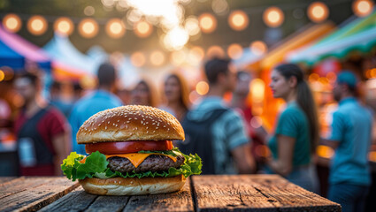 A mouthwatering cheeseburger with fresh toppings on a rustic wooden table at an outdoor event.