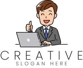 Happy Businessman Laptop Thumbs Up Creative Success job work team goal icon flat style    