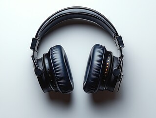 Black headphones isolated on a white surface centered and facing the camera.