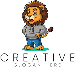 Cute Cartoon Lion Wearing Hoodie and Jeans Trendy Mascot Design fun logo cool icon kids   