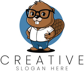 Charming Cartoon Beaver Logo Design Creative Vector Illustration Cute Blue Icon Work Team 