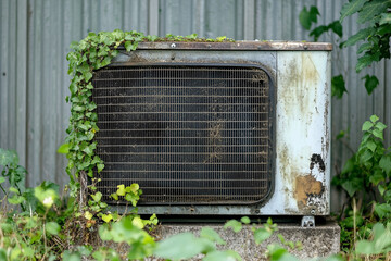 Old air conditioning unit overgrown with ivy near a metal fence