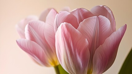 Close-up of two delicate pink tulips in bloom, showcasing their graceful petals and vibrant colors. They are a beautiful representation of spring and its blossoming beauty