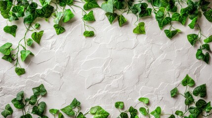 Ivy vines create a botanical frame on ivory paper, showcasing a delicate organic border with lush green leaves and texture for elegant natural designs on paper.