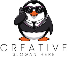 Cool Penguin Businessman on Phone Logo Design Illustration art suit bird cute icon flat   