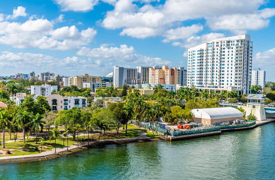 A view across the Miami river close to Little Havana towards the tower buildings in Miami in springtime