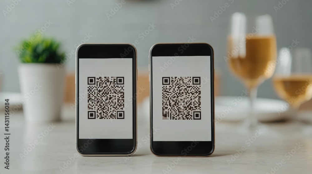Poster two modern smartphones displaying qr codes in a restaurant setting with a glimpse of drinks and gree