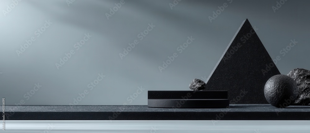 Poster dark geometric shapes and stone arrangement on a platform for product display in a studio setting mi
