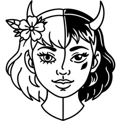 Girl with Horns and Flower Line Art Illustration | Half Black and White Design for Tattoo, Sticker, or Graphic Design Elements