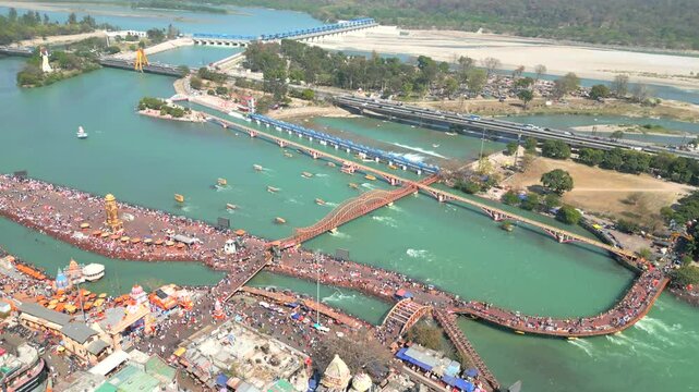beautiful Ganga ghat of Haridwar drone view in india