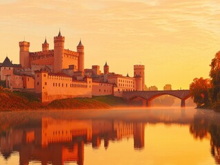Obraz premium Dawn Serenity Over Majestic Castle Beside Calm River Reflection