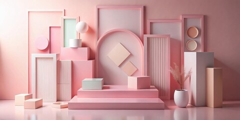 Pastel Pink Geometric Display with Modern Minimalist Design Elements and Decorative Plant