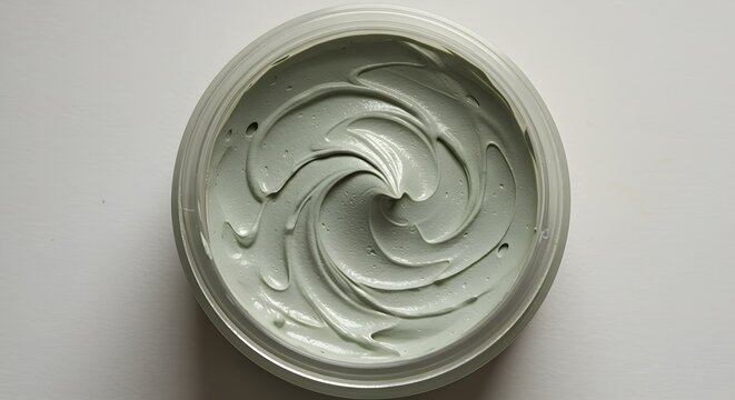 AI image provides a top-down view into an open jar filled with swirled green cosmetic clay mask on white background.