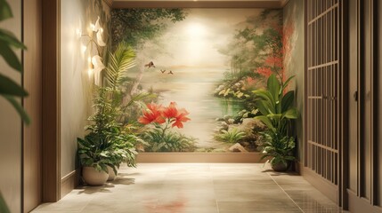 Tranquil hallway featuring a mural of a serene landscape.