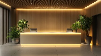 Modern minimalist hotel reception desk design.