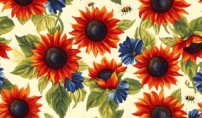 Repeating pattern of red and blue flowers on a cream background, red sunflowers, green leaves, yellow bees, vector art illustration, 