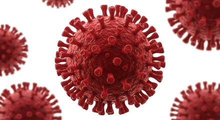 Detailed view of red virus cells on a plain surface isolated on white background