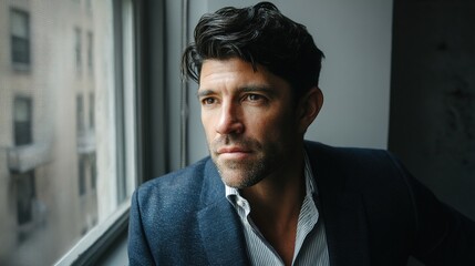 Fototapeta premium Young Executive in Navy Blazer, Confident Expression, Head and Shoulders Portrait, Soft Window Light, Minimal Grey Office Backdrop