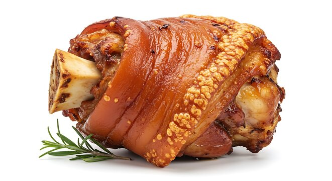 Roasted pork knuckle with rosemary garnish isolated on white background
