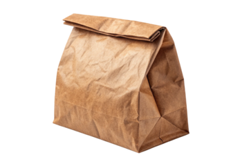Closed brown paper lunch bag isolated on white background