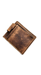 Rustic leather wallet.  Detailed view of a wallet made from aged, distressed brown leather.  Features multiple compartments