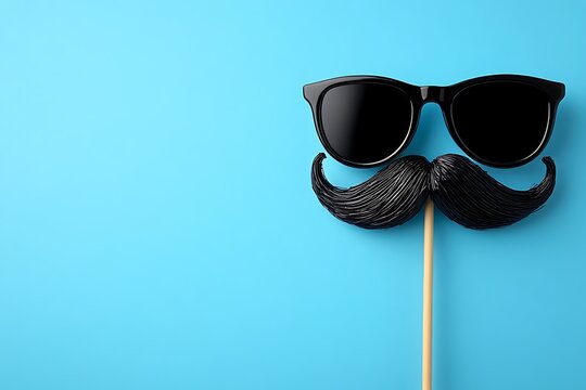 booth props, black mustache on stick, sunglasses, vivid light blue background for happy father's day