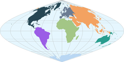 World vector map with continent boundaries and graticules (Sinusoidal projection, PPT-compatible, pre-colored & fully editable)
