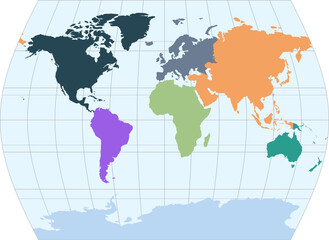 World vector map with continent boundaries and graticules (Times projection, PPT-compatible, pre-colored & fully editable)