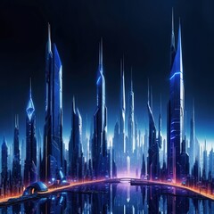 Fototapeta premium A stunning high-definition wallpaper of a futuristic cityscape, featuring sleek skyscrapers, vibrant neon lights, and advanced transportation systems under a twilight sky.
