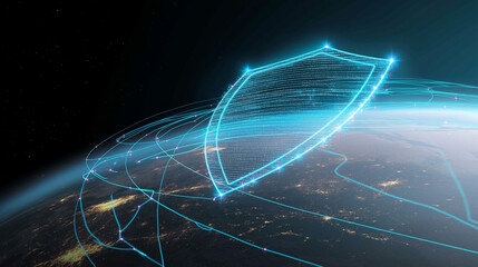 SASE. Secure Access Service Edge data encryption infrastructure. Network protection zero trust. Edge computing. Cloud security. A futuristic digital shield orbiting Earth in space.