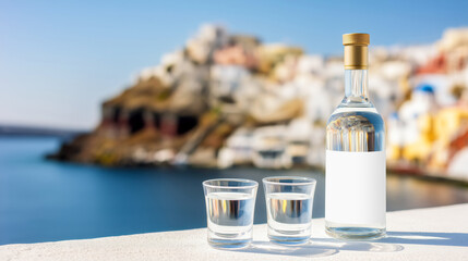 Bottle of traditional Greek Ouzo with blank mockup label and short glasses served on an outdoor table against the backdrop of the coast
