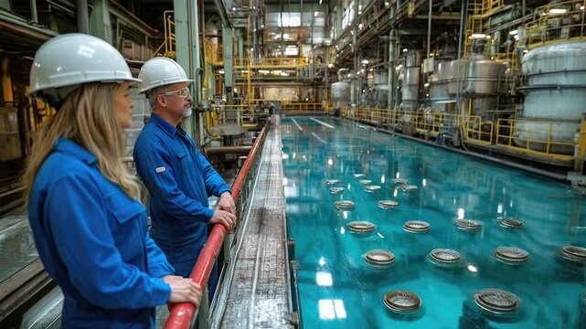 Industrial workers inspecting equipment in a tank