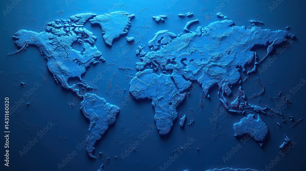 Poster world map relief 3d rendering