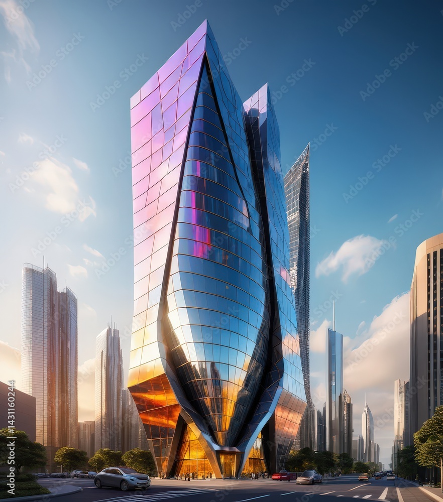 Aufkleber a striking futuristic building featuring an array of vibrant, multicolored glass windows that reflec