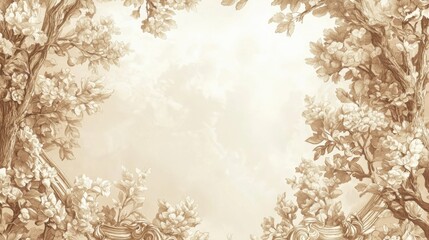 Obraz premium Elegant floral design with sepia tones creates a beautiful vintage background featu delicate blossoms and leafy branches framing a soft, neutral space.