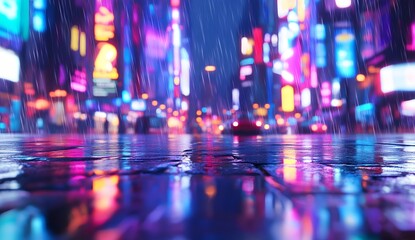 Fototapeta premium Close-up of a wet street with neon light reflections in the rain, blurred city background at night.