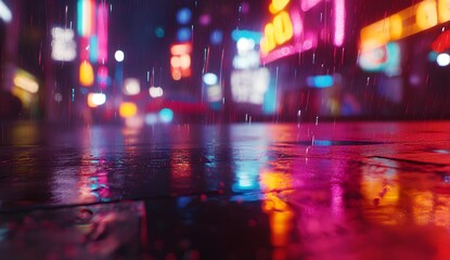 Close-up of a wet street with neon light reflections in the rain, blurred city background at night.