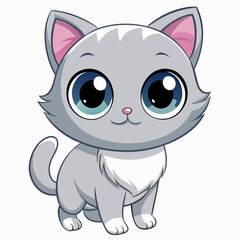 Obraz premium Cute Grey Cartoon Kitten with Big Eyes – Adorable Chibi Cat Character Illustration.