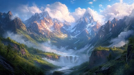 Majestic Mountain Valley Waterfall Landscape