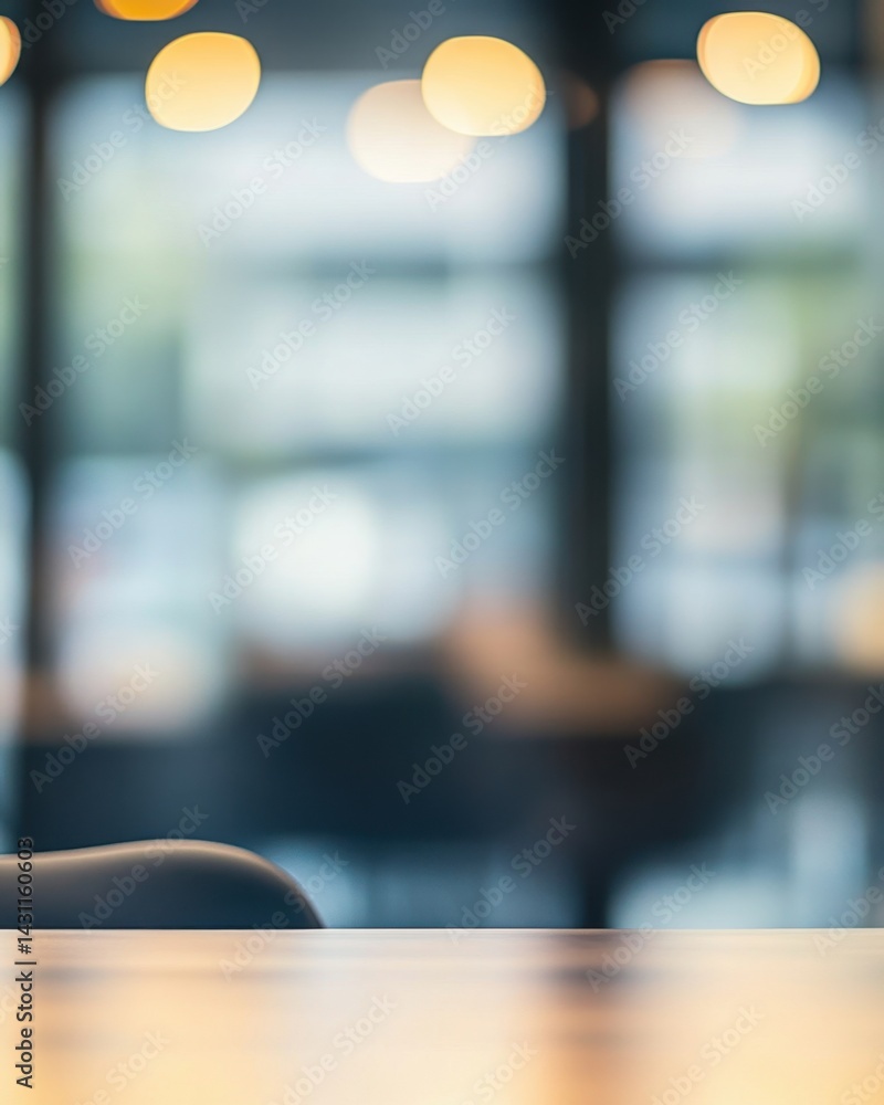 Poster abstract interior scene featuring a blurred background with lights and a table surface in the foregr