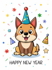 Fototapeta premium Cartoon Dog in Party Hat for Happy New Year - Festive Puppy Celebration Illustration.