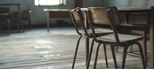 Vintage school desks and chairs, wooden floor, close-up shot, blurry background, cinematic.