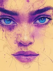 Obraz premium Digital art portrait of a woman with blue eyes and purple hues.