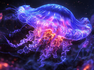 Close-up of a luminous jellyfish suspended in dark ocean.