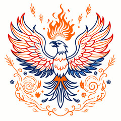Obraz premium Stylized Phoenix Bird Line Art Illustration with Fire and Decorative Swirls, Mythology Emblem