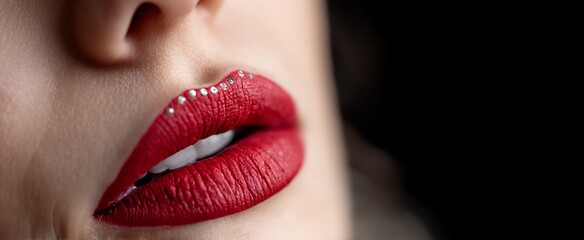 Obraz premium Close-up of vibrant red lips with sparkly accents