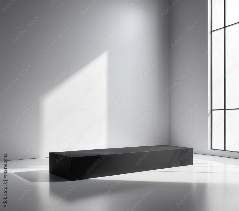 Poster a sleek black bench positioned elegantly in front of expansive floor-to-ceiling windows, allowing na