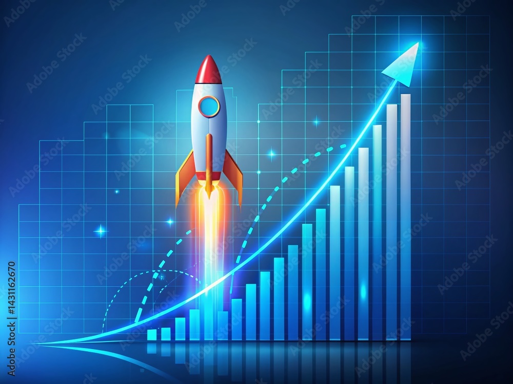 Poster abstract growth chart with rocket launch on blue tech background